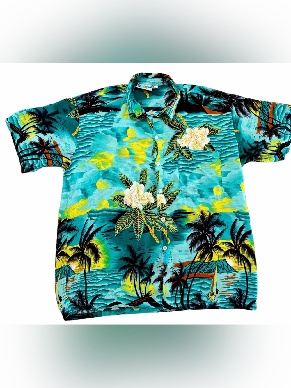 Just Cruising Hawaiian Style Tropical Aloha Shirt Men’s L Turquoise Palm Tree